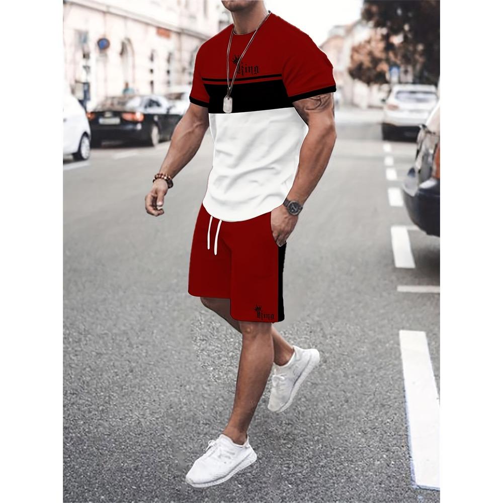 New Men's Short-Sleeve Athletic Shorts Set Crew Neck T-Shirt With Drawstring Shorts Stylish Streetwear Two-Piece Set