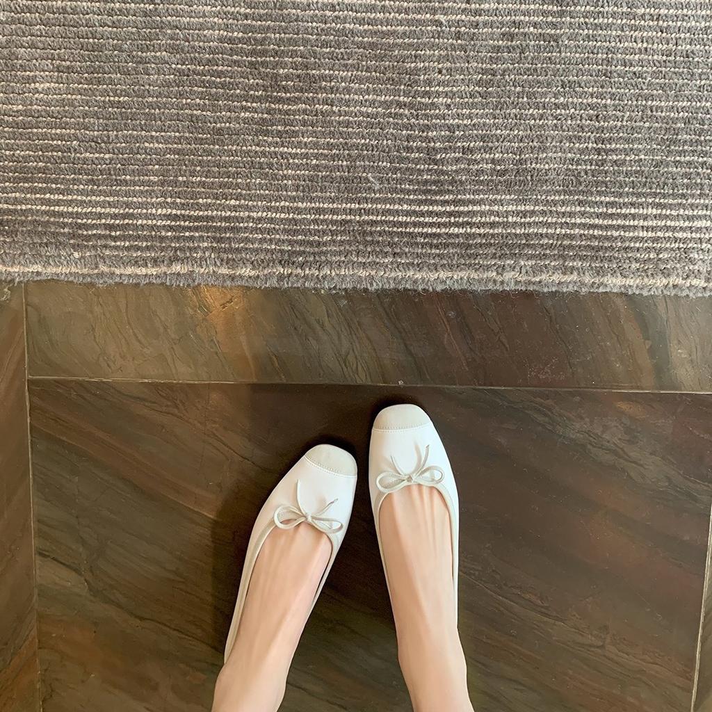 Pigskin Version, French Bow Medium Heel Flat Bottom Shallow Mouth Single Shoes Women's Ballet Shoes