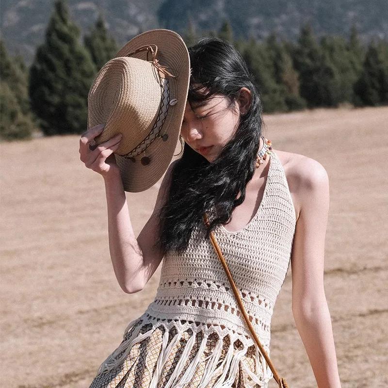 2025 New Fashion Bohemia Style Vacation Straw Hat Women Beach Grassland Travel Retro Cowboy Sun Hat Women's Wide Brim Panama