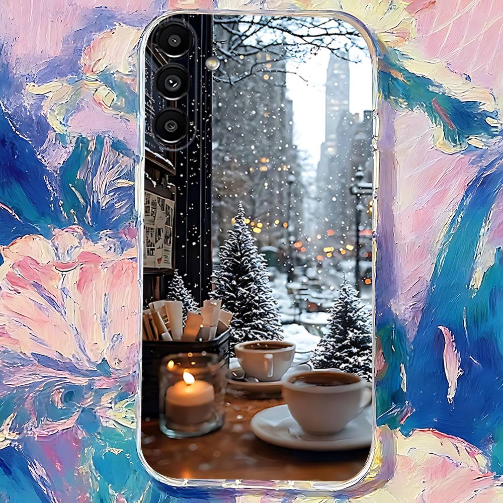 Christmas Winter Coffee Clear Phone Case Suitable for  Samsung S30,S25,S24,S23,S21,S22,S20,S10,5G,FE,lite,PIus,Ultra Transparent