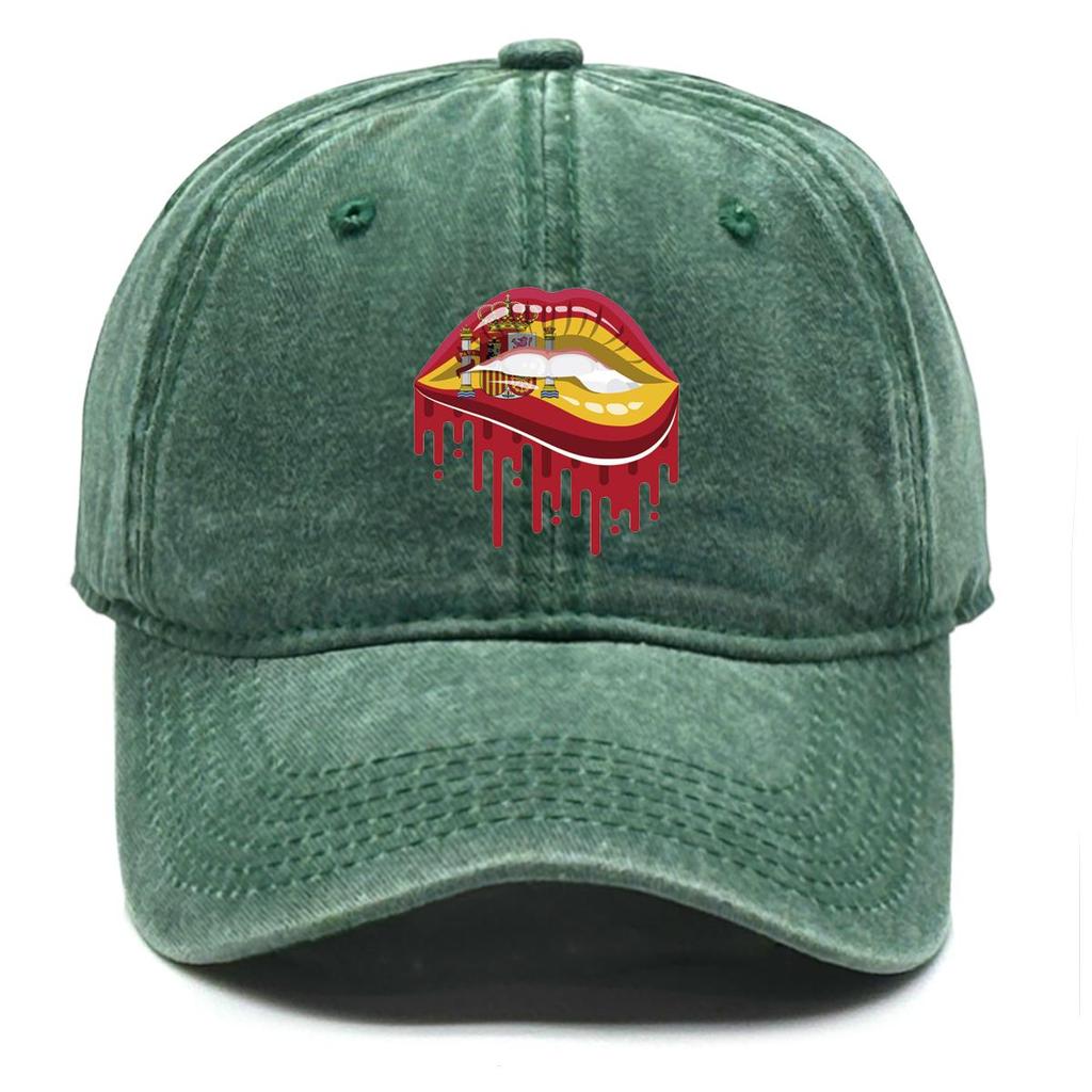 Spain Flag Lip Print Snapback Baseball Hat, Patriotic Sports Hat Vintage Hip Hop Breathable Distressed Adjustable Baseball Cap