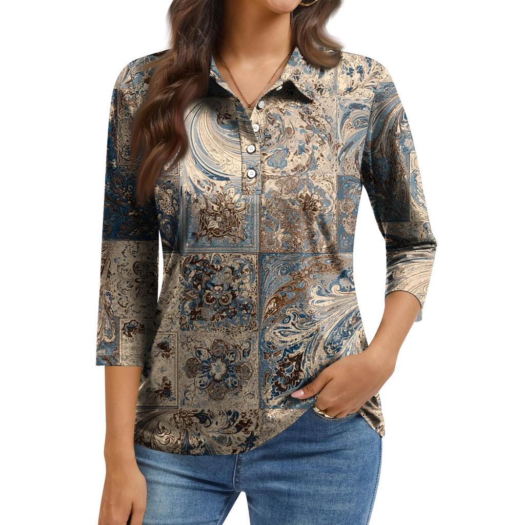 Damska Moda Casual Klapa Krótki Rękaw 3/4 Koszula z Nadrukiem Damskie Bluzki Zapinane na Guziki