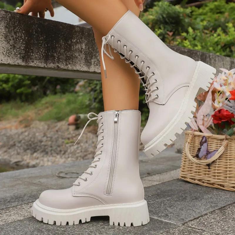 Fashion Ladies Shoes 2025 Hot Sale Side Zipper Women's Boots Fashion Lace-up Modern Boots Women New Round Toe Best Seller Mid-Calf Boots