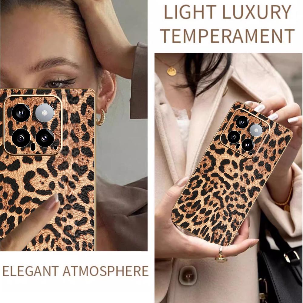 For Xiaomi 14 Case Leopard Print PU Leather Coated PC+TPU Electroplating Phone Cover