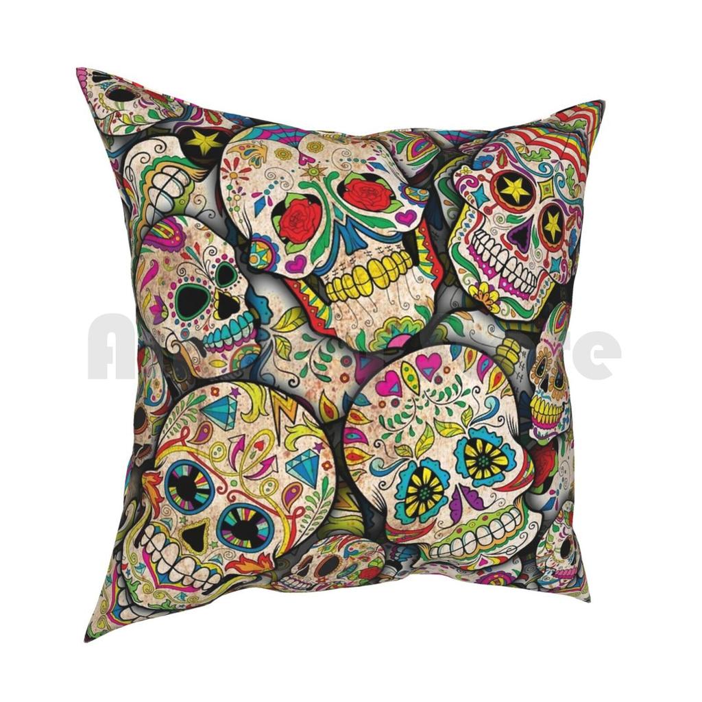 Sugar Skull Collage Pillow Case Printed Home Soft DIY Pillow Cover Sugar Skulls Halloween Day Of The Dead Skulls Style