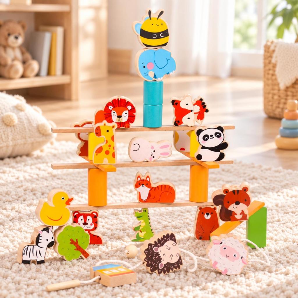 Wooden Animal Bead Threading Toy Preschool Lacing Beads Set Screen-Free