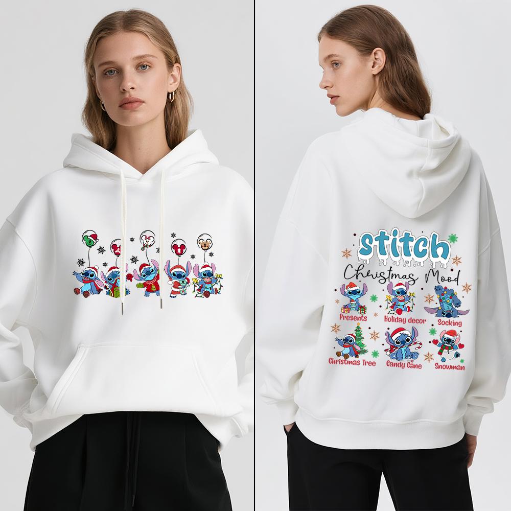 Disney Stitch Christmas Print Women Fleece Hoodie Winter Warm Pullover Casual Holiday Travel Party Outfit Soft Cozy Sweatshirt