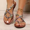 Plus-size Bohemian Style Fashionable and Versatile Strappy Flat Sandals for Women, New Style with Elastic Back Slip-on Design.