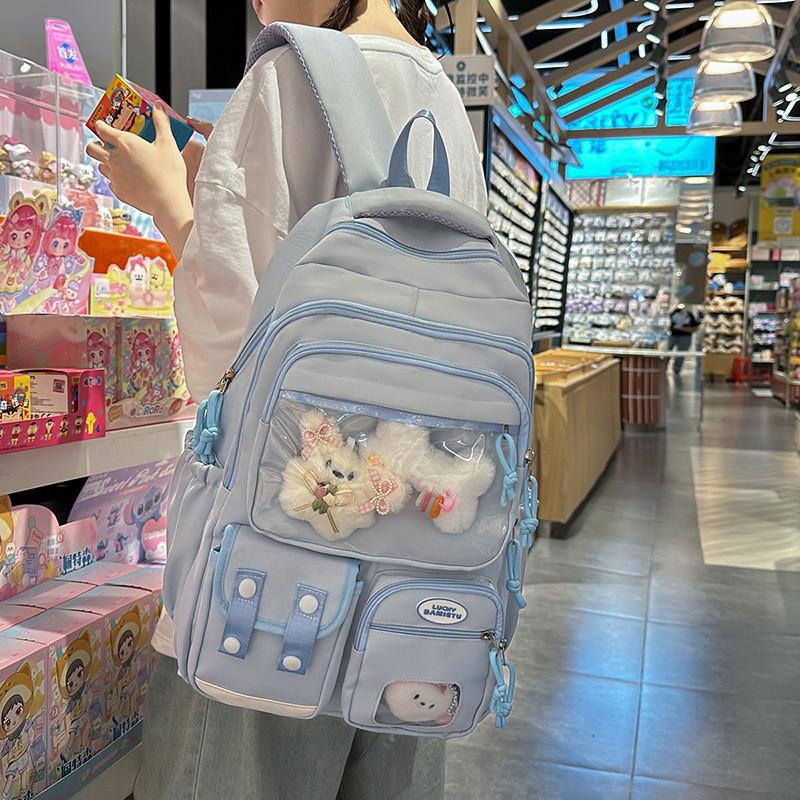 Color Solid Simple Student Backpack With Transparent Compartment And Decor Doll
