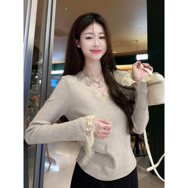 Black Lace Knitted Sweater Women's Collar Trendy Inner Long Sleeve Top Autumn and Winter Slim Flared Sleeve Bottom Sweater
