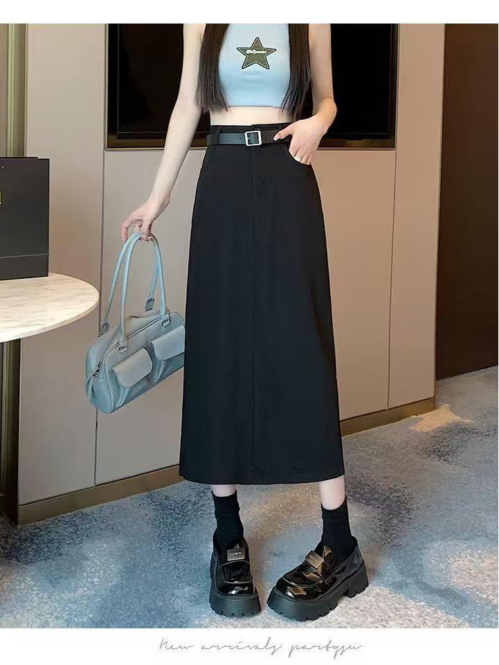 Women's High-Sense Black Slim-Fit A-Line Midi Skirt with Slit