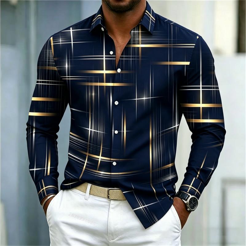 2026 Men's Shirt with Fashionable Printed Lines, Checkered Long Sleeved Shirt, Lapel, Slim Fit, Business Casual Men's Shirt