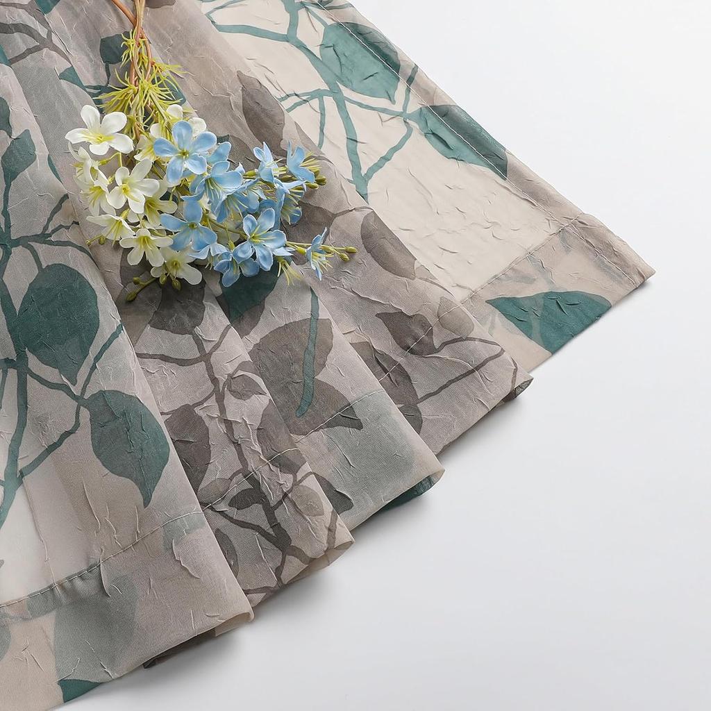 OWENIE Floral Sheer Curta with Pattern 63 Inches Long 2 Panels Set for Living Room Bedroom, Sheer Floral Curta with Printing Leaf Design Rod Pocket
