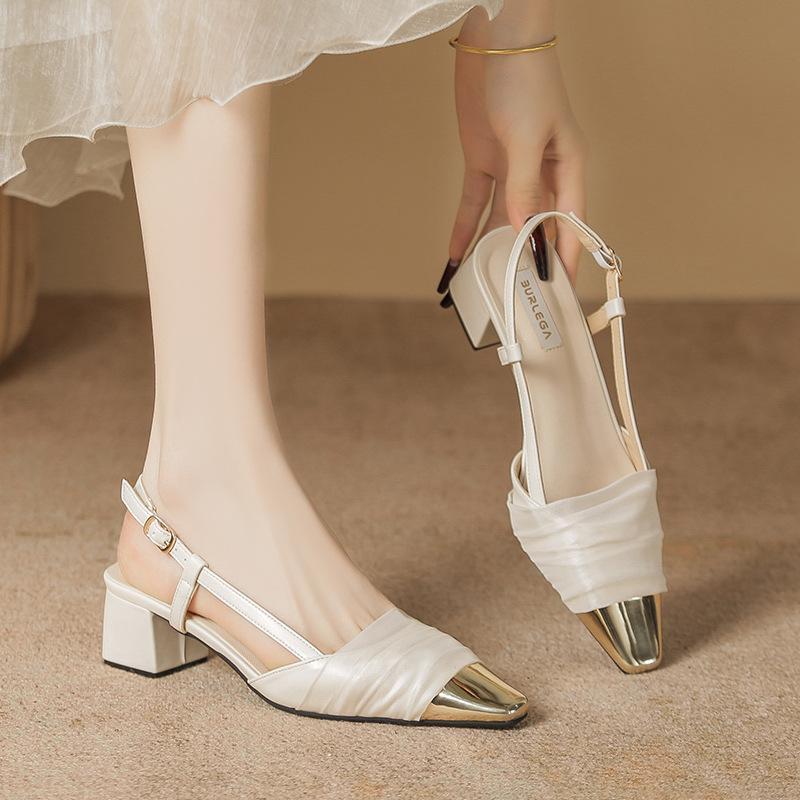 Baotou sandals women's summer new models with skirts, color matching mesh rear tripple straps, square head thick heel single shoes