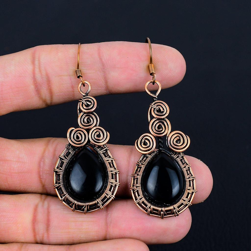 Black Onyx Gemstone Handmade Jewelry Pure Copper Wire Wrapped Earrings For Thanksgiving