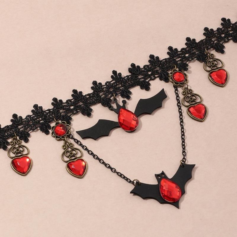 1pcHalloween Necklace Gothic Dark Style Bat Ruby Heart Pendant Party Costume Dress-Up Necklace Holiday Gift
