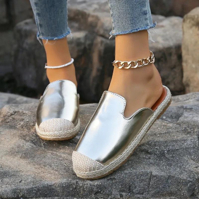 

2024 Тапочки с жесткой подошвой для женщин, летняя мода, кожаные тапочки Baotou, уличные женские тапочки, тапочки Zapatos 43 золотой