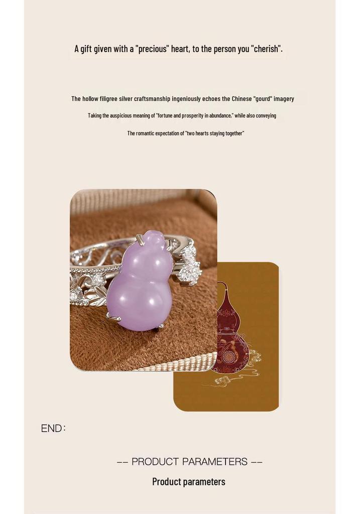 Elegant Jade Purple Gourd Fu Lu Ring: Adjustable Women's Ring with Diamond Accents In New Chinese Style