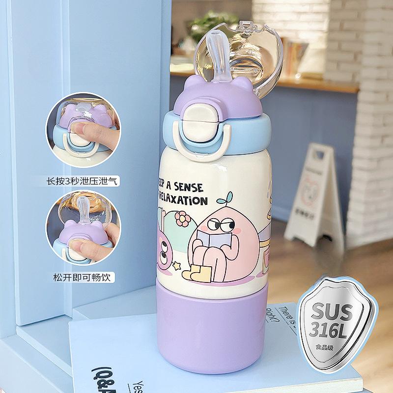 500ml Cute Cartoon Kids Insulated Water Bottle with Straw, 304 Stainless Steel Thermos for School Travel