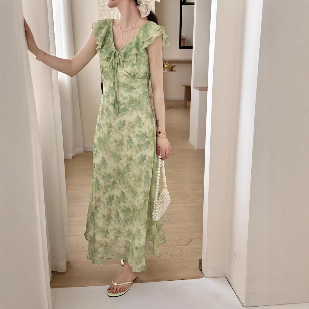 French green small flying sleeves floral thin dress for children's summer new seaside vacation waist temperament long dress