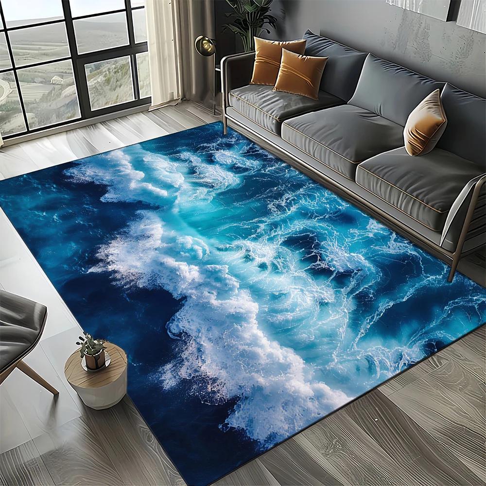 Style New Blue Green Seawater Sea Wave Ocean Carpet Rug for Living Room Bedroom Home Sofa Decoration, Floor Mat