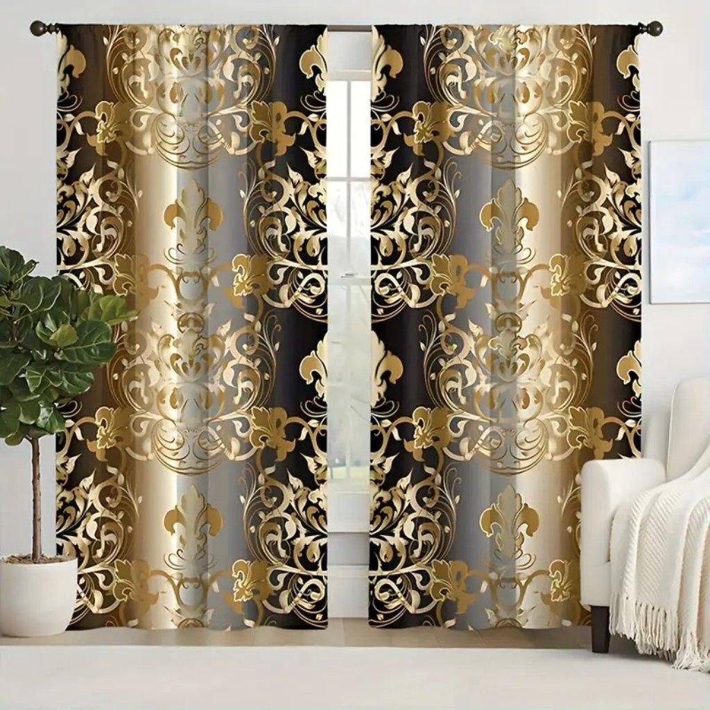 

Sophisticated Style, Elegant Golden Crown Black Thin Shading Polyester Curtain for Living Room Bedroom Decor Hooks 2x50W160H(CM)40x63in&Hook