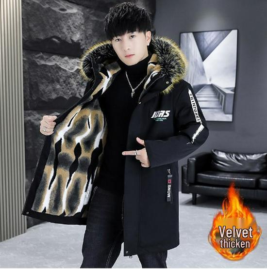 Men's Winter Fleece-Lined Hooded Cotton Coat - Color-Blocked, Warm, Mid-Length