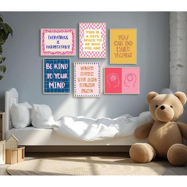 6Pcs Pink Blue Mental Health Wall Art Boho Therapy Office Wall Decor Motivational Psychology Painting Pirational Positive Quotes Poster Prints for