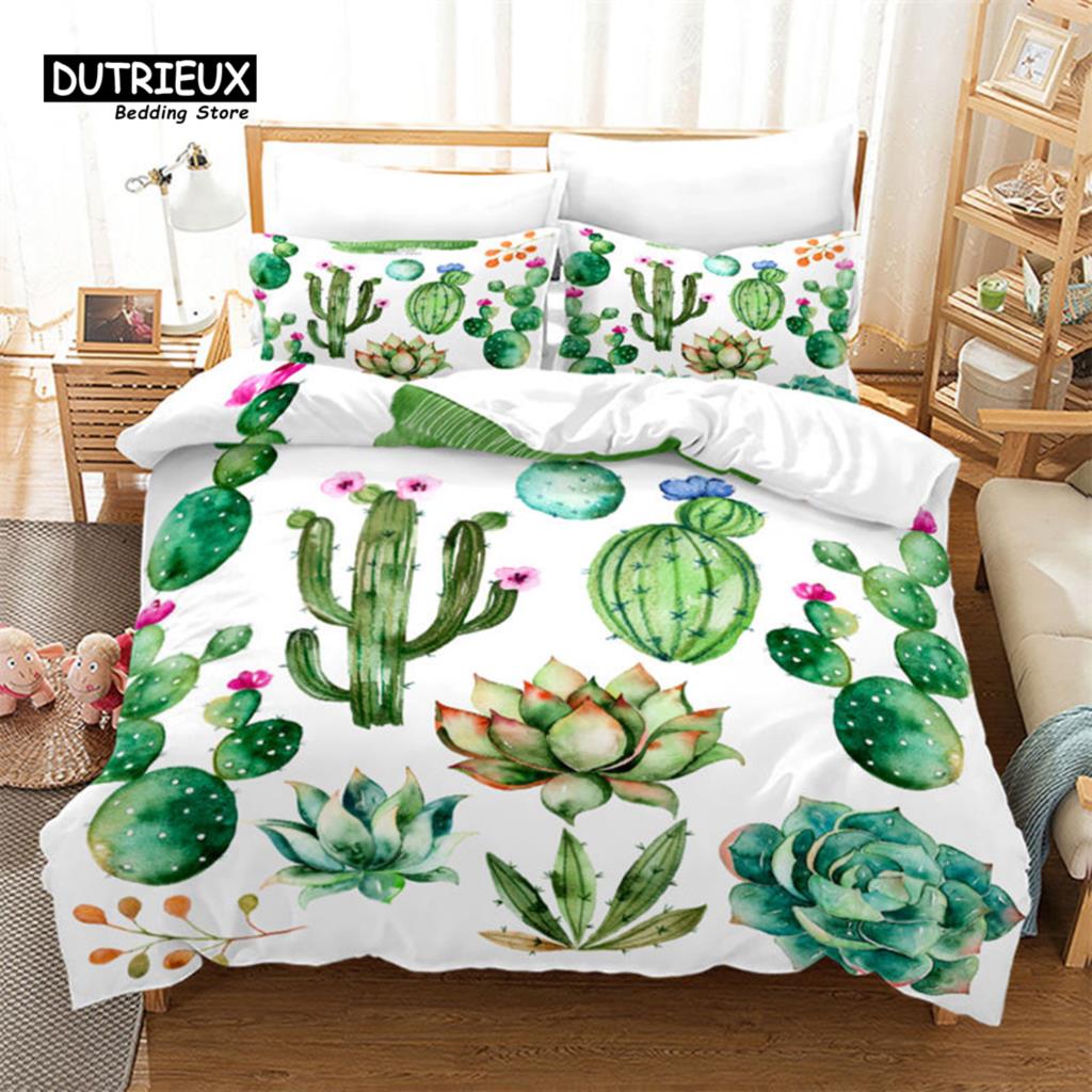 Chic Cactus Bedding Set Queen For Kids Teen Decor Cartoon Green Plants Succulents Duvet Cover Nature Art Floral Comforter Cover