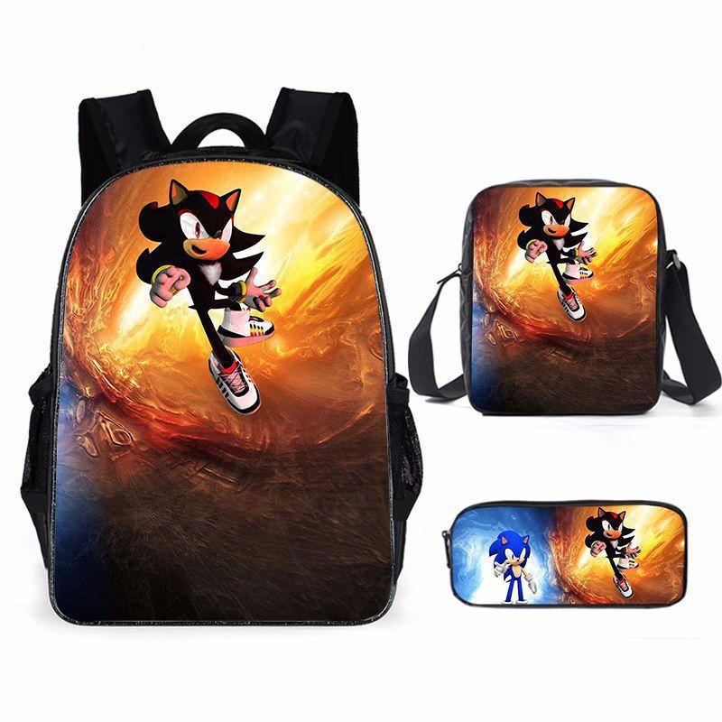 Sonic Primary School Student Schoolbag Three-Piece Set, Animation Cartoon Backpack, Shoulder Bag Pencil Case