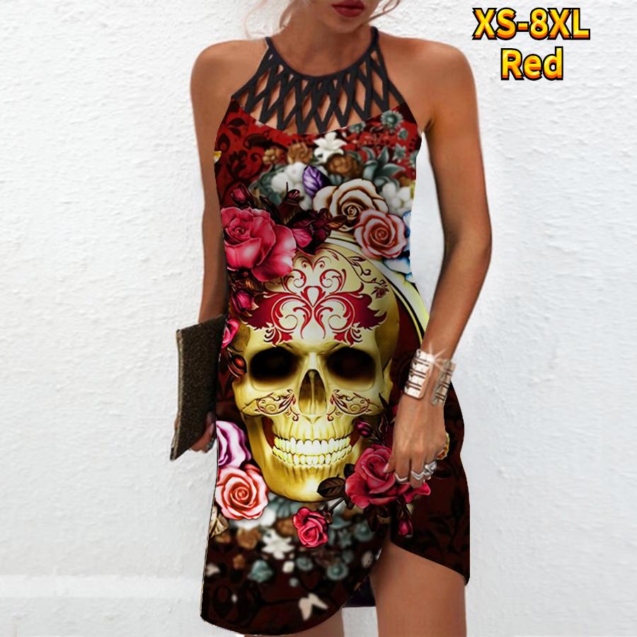 Summer Fashion Sexy Sleeveless Dress Soft Casual 3D Rose Skeleton Print Dress Sleeveless Sling Dress Summer Suspender Dress