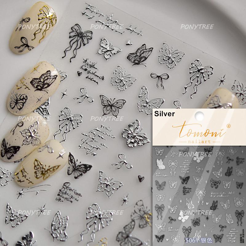 Punk Silver Metal Line Star Flower Love Colorful Butterfly Nail Art Stickers Horror Halloween Decorations Manicure Decals