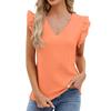 Women's Casual Color Cotton Sense V-Neck Wooden Ear Trim Short Sleeve Top