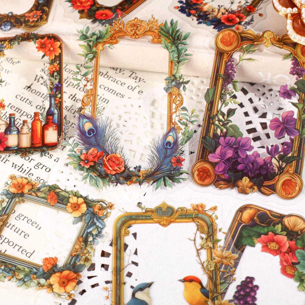 Retro Floral Border Handmade Journal Stickers - PET Material DIY Pack