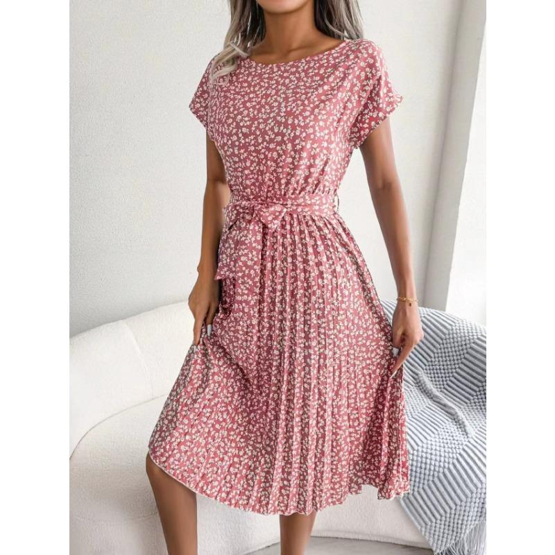 Sommer Damen Grün Blumendruck Plissiertes Midi-Kleid Mit Gürtel