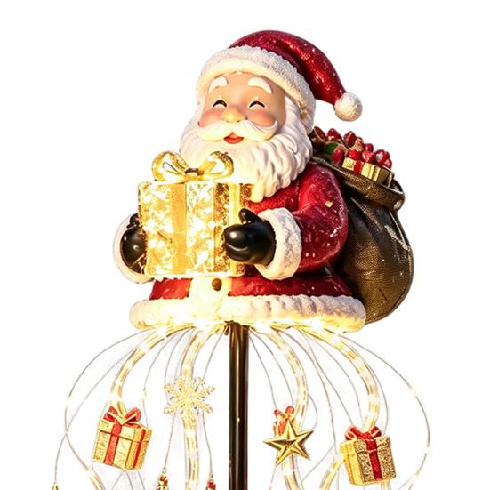 Solar Powered Winter Garden Accents Santa Claus Christmas Light, LED Holding Gift Box Yard Stake Holiday Lawn Stakes for with Cascading String Lights