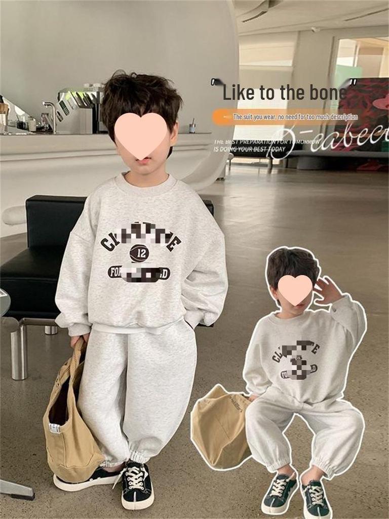 Boys 2024 Spring & Autumn Korean Pullover & Sweatpants Set - Solid Color, Casual & Fashionable