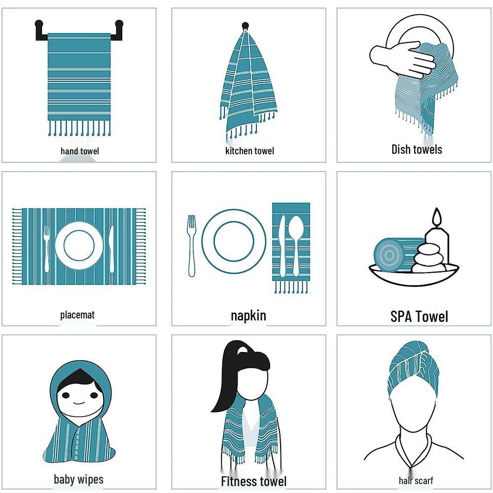 European Style Cotton Kitchen Towel Set: Quick-drying, Striped Tea Towels, Rectangular Tablecloth with Tassels.