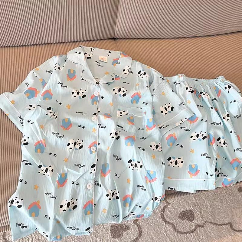 

Full of soft cute cartoon spotted puppy pajamas women s summer short-sleeved shorts cardigan two-piece set can be worn outside loungewear XXL