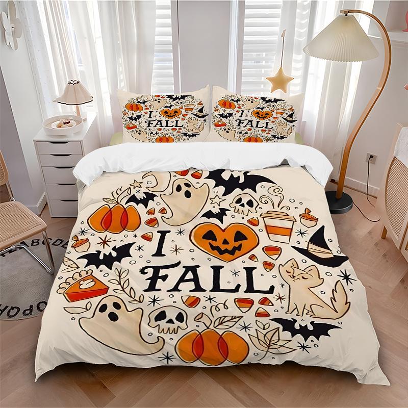 3pcs I Heart Fall Halloween Printed Duvet Cover Set (1 * Cover+2 * Pillowcase, Without Core), Suitable for Home Bedroom, Guest Room, Dormitory De