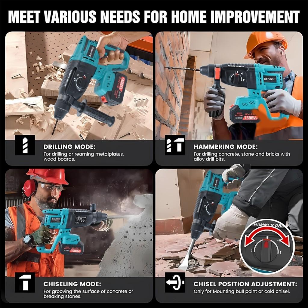 4 IN 1 Cordless Rotary Hammer Drill 3 Mode With Handle SDS 26mm Chisel Concrete