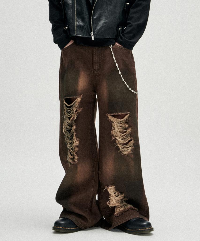 NOT4NERD Distressed Oil Washed Wide Denim Pants - Brown
