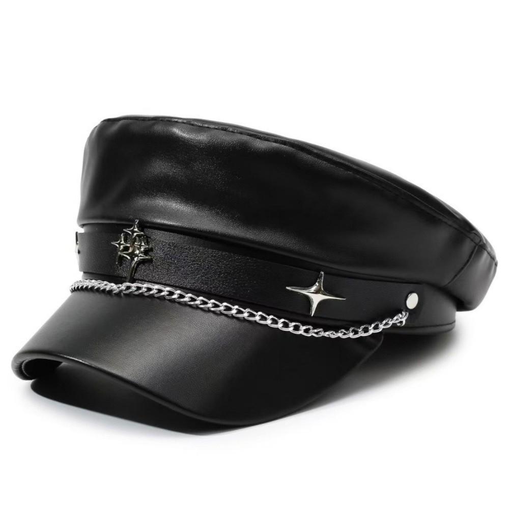 Black Beret Hat PU Leather Sailor Visor Hat Retro Newsboy Cap