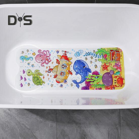 100x40CM Cartoon Sea Animal Bathtub Mat with Suction Cup Drain Holes Rectangle Bathroom PVC Non-slip Mat Machine Washable Kids Bath Shower Floor Mat