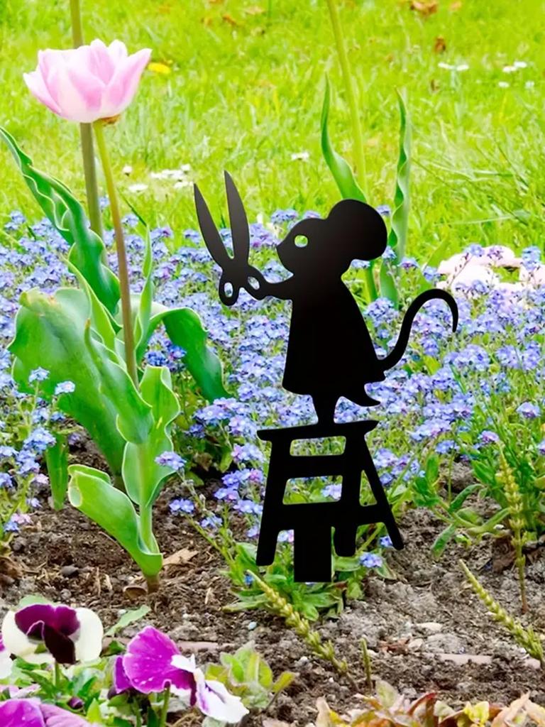 1 stk silhuett metall hagepinne med saks mus design, art deco plen skilt, kreative dyreskulptur dekorasjoner