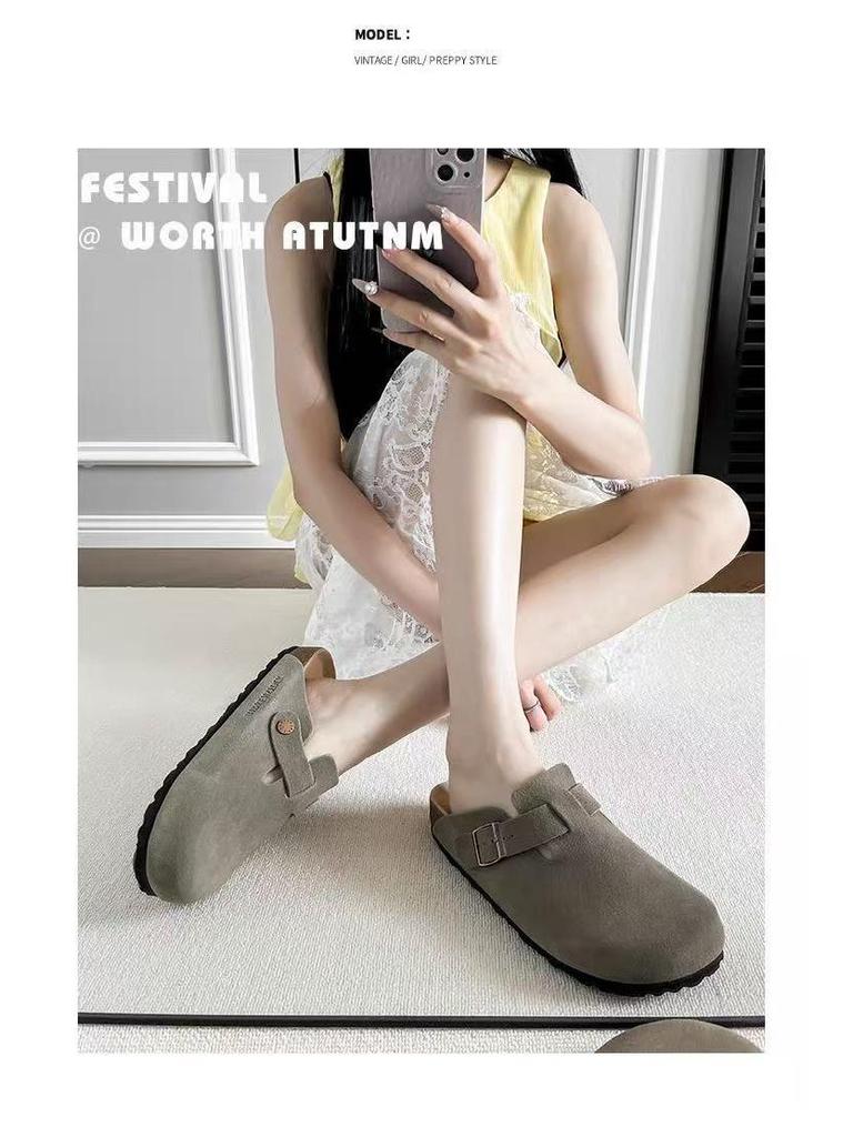 BK Half-Covered Genuine Leather Unisex Slippers with Cork Toe Cap - Versatile Casual Outdoor Wear by Birkenstock