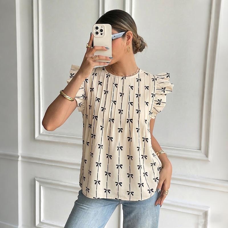 Women s Bow Peplum Tops Summer Vacation Outfits Cute Ruched Ruffle Sleeve Babydoll Blouse Flowy Shirt S