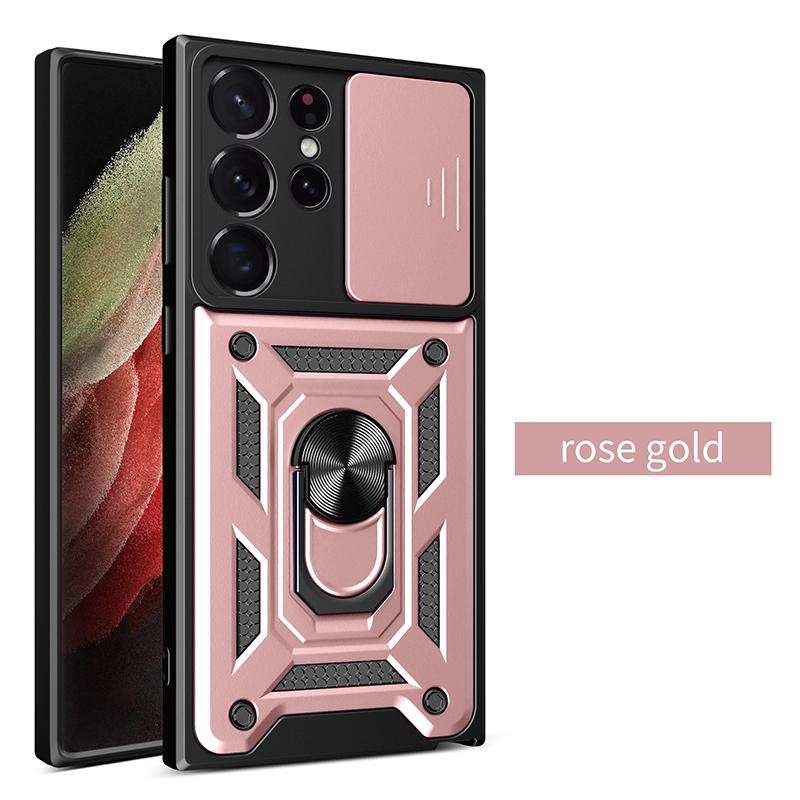 Sergeant Level Camera Sliding Window Phone Case For Samsung S25 S24 S23 S22 Ultra Plus Ring Bracket Shockproof Protective Cover