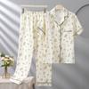 Women's pajamas spring and autumn simple and comfortable pure cotton double-layer cotton gauze lapel short-sleeved trousers loungewear two-piece set
