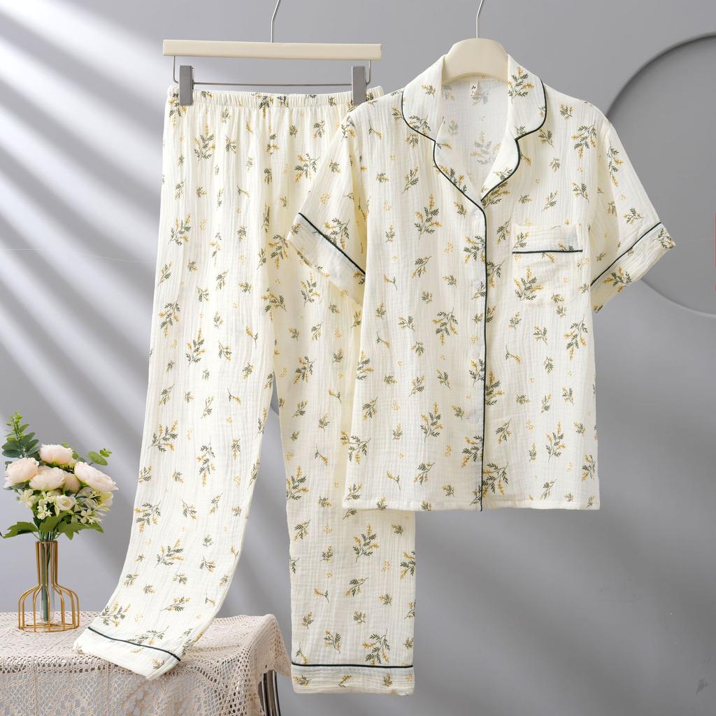 Women's pajamas spring and autumn simple and comfortable pure cotton double-layer cotton gauze lapel short-sleeved trousers loungewear two-piece set